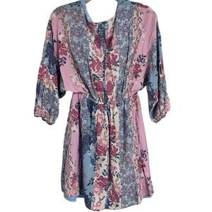Savanna Jane Medium Blue Boho Floral V-Neck Tunic Mini Dress